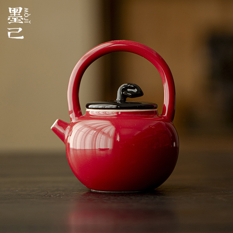 墨己丹霞墨韵色釉陶瓷提梁壶功夫茶具红色喜庆球孔过滤家用泡茶壶