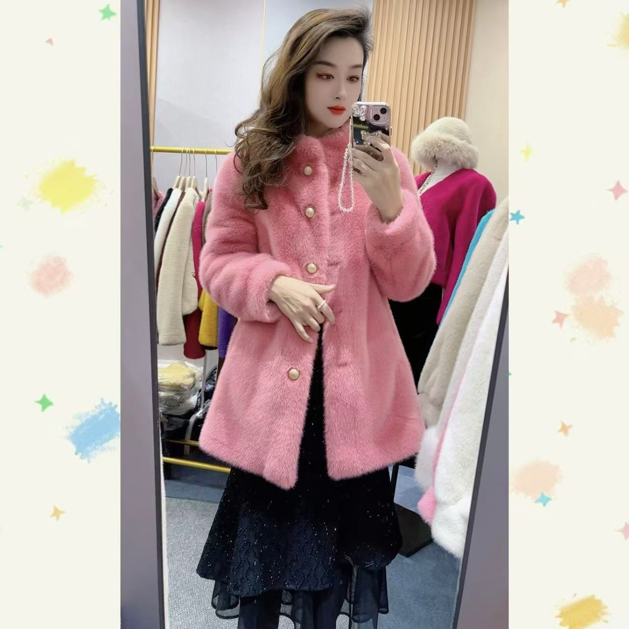 立领欧貂绒中长款外套轻奢毛绒大衣女宽松百搭珍珠扣