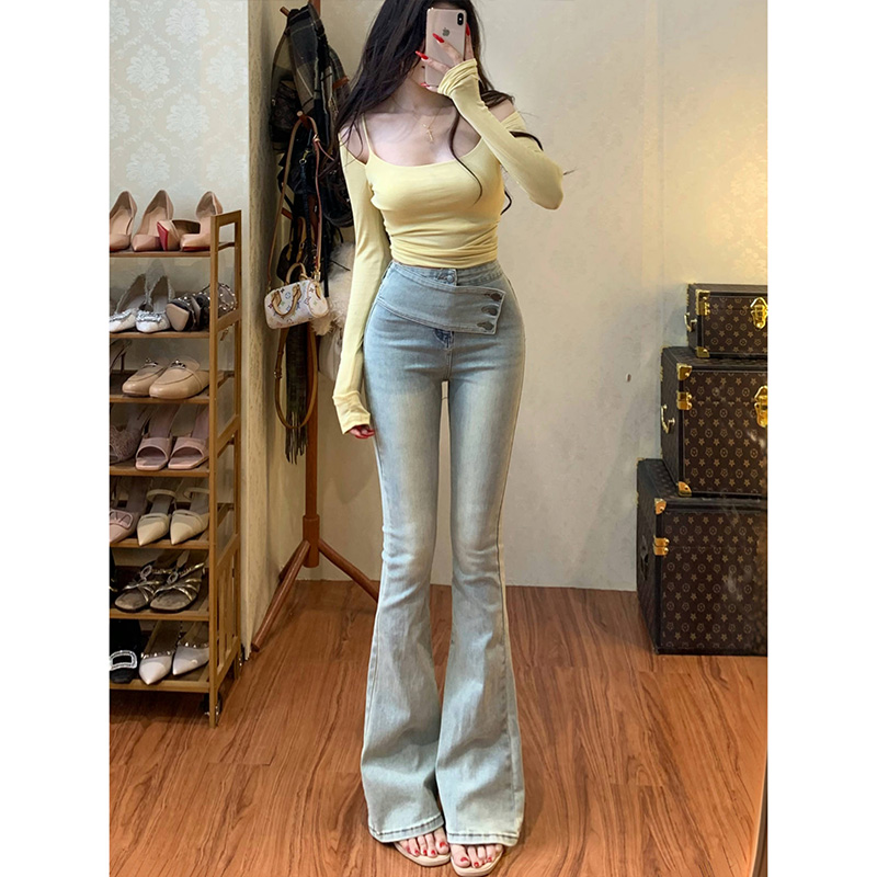 斜扣腰带设计微喇牛仔裤女2025秋季韩漫腰臀比高腰修身显瘦长裤