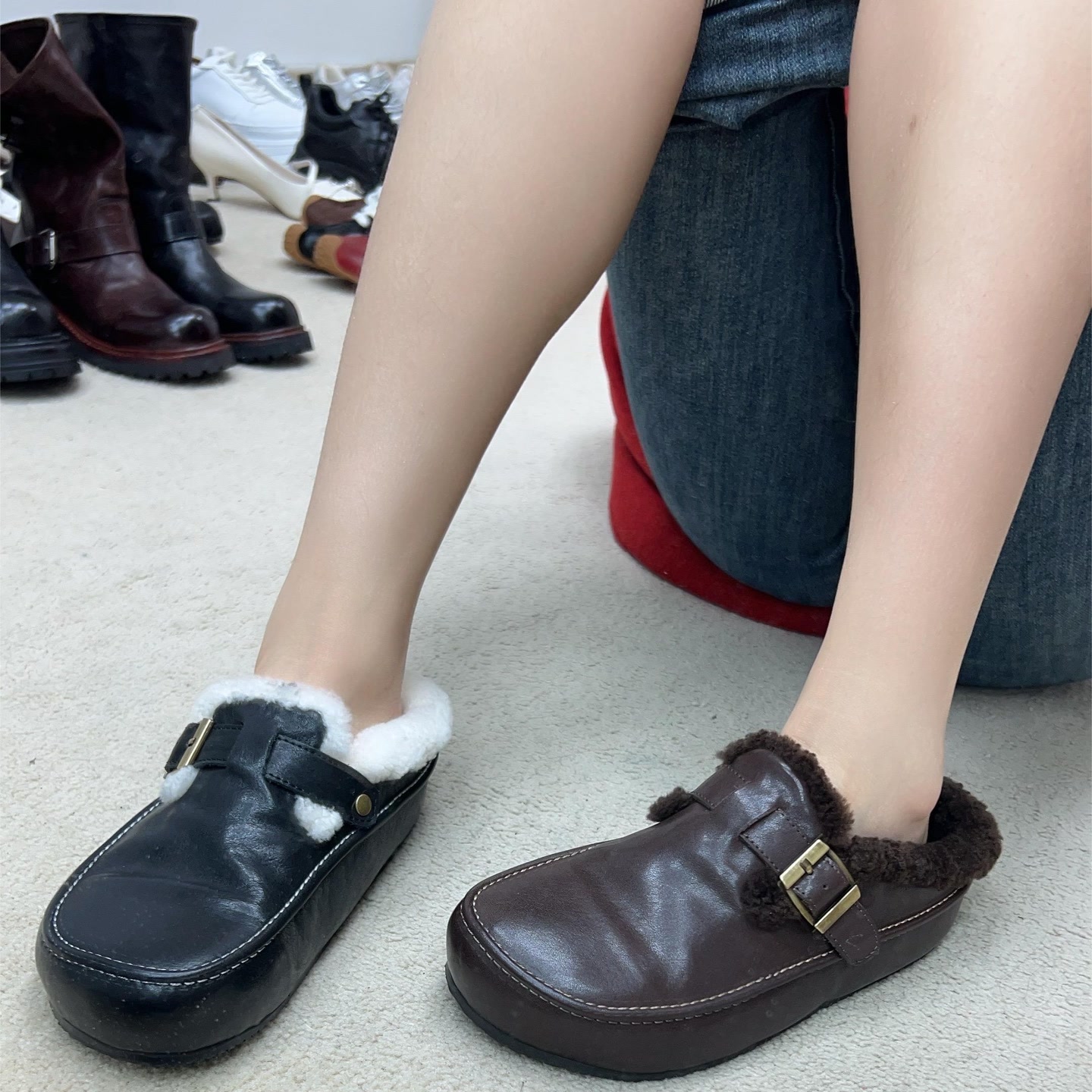  LI AJIGIRL/阿吉女·原创设计马皮懒人扣带保暖毛毛博肯半拖