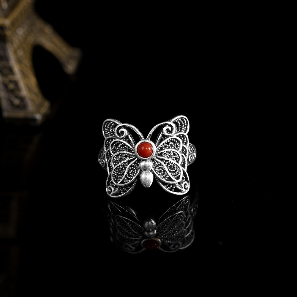 925银戒指 S925银红蝴蝶戒指时尚简约女式开口指环