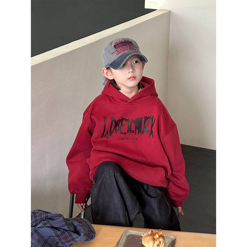 柒号童仓男童加绒卫衣加厚秋冬装韩版潮中大童连帽卫衣儿童上衣