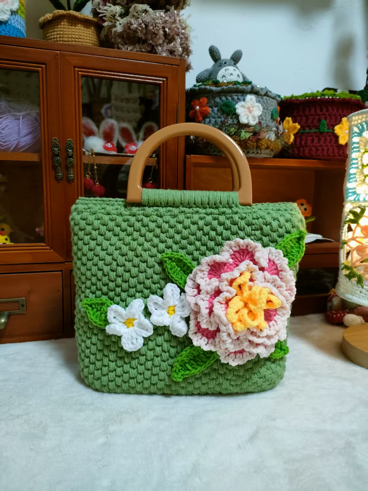 手工DIY钩织手提包复古向日葵蝴蝶结送闺蜜花百搭流苏镂空手挽包