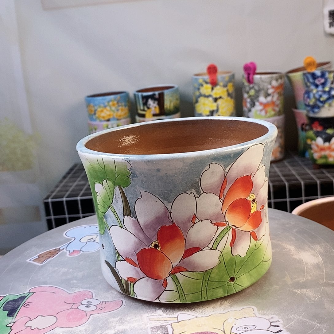 紫砂花盆红陶手绘花盆
