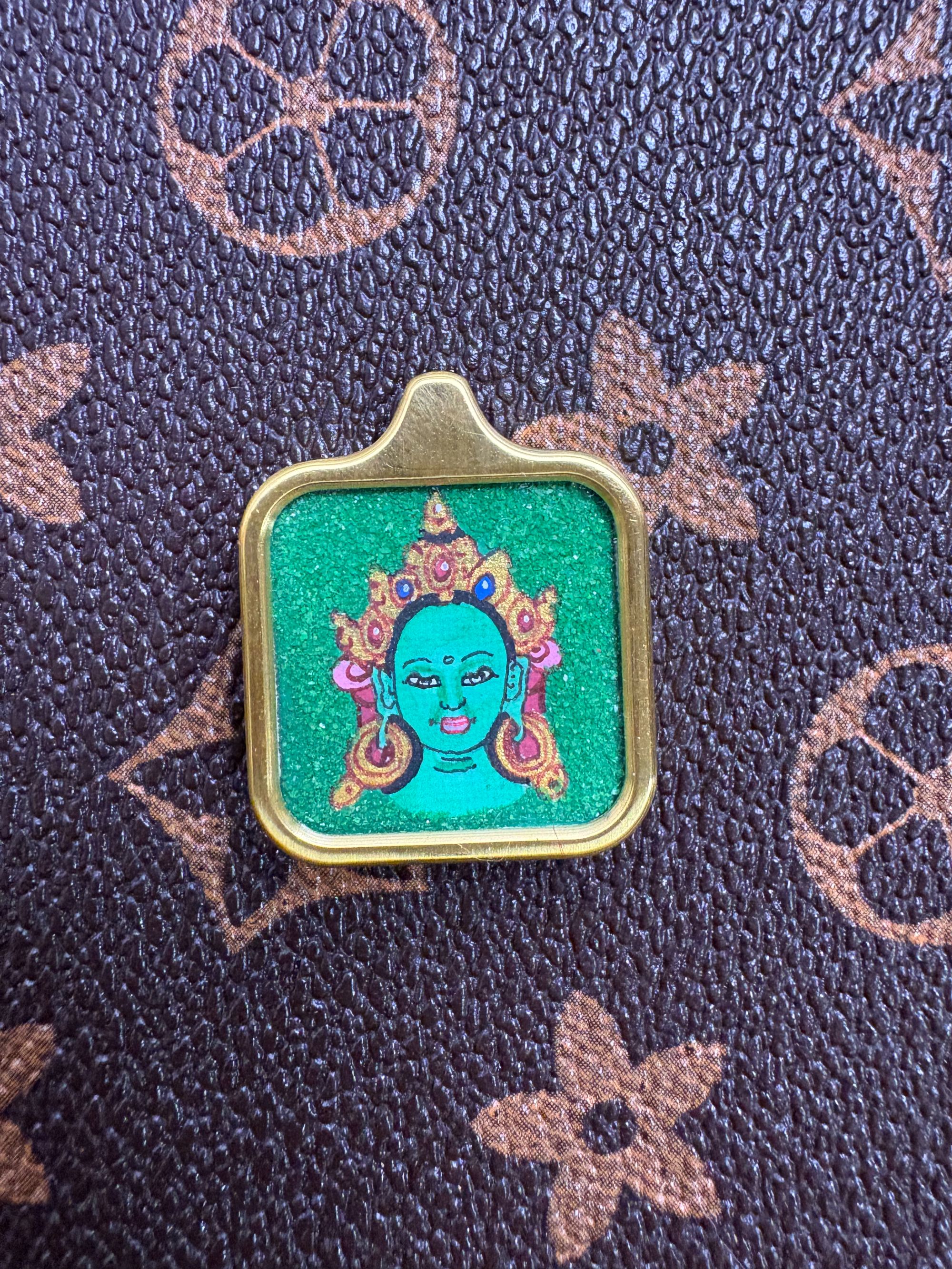 纯手绘唐卡 2*2小方壳绿妈妈绿色底