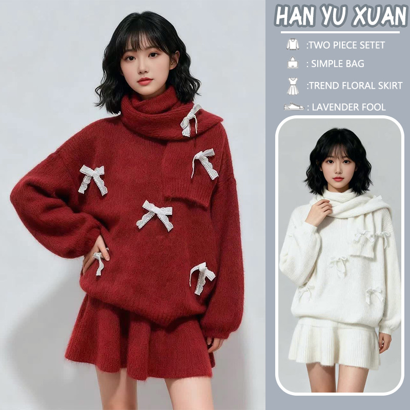 韩系小个子冬季孕妇穿搭慵懒风纯欲蝴蝶结针织毛衣半身围巾三件套