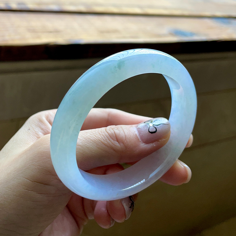 圈口56 冰晴飘花翡翠手镯平安镯 同石料还有50~60圈口 13FZB6737