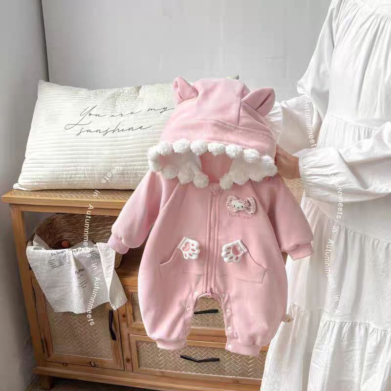 婴幼儿可爱猫咪连体衣春秋季新款女宝宝韩版洋气连帽外穿爬爬服潮