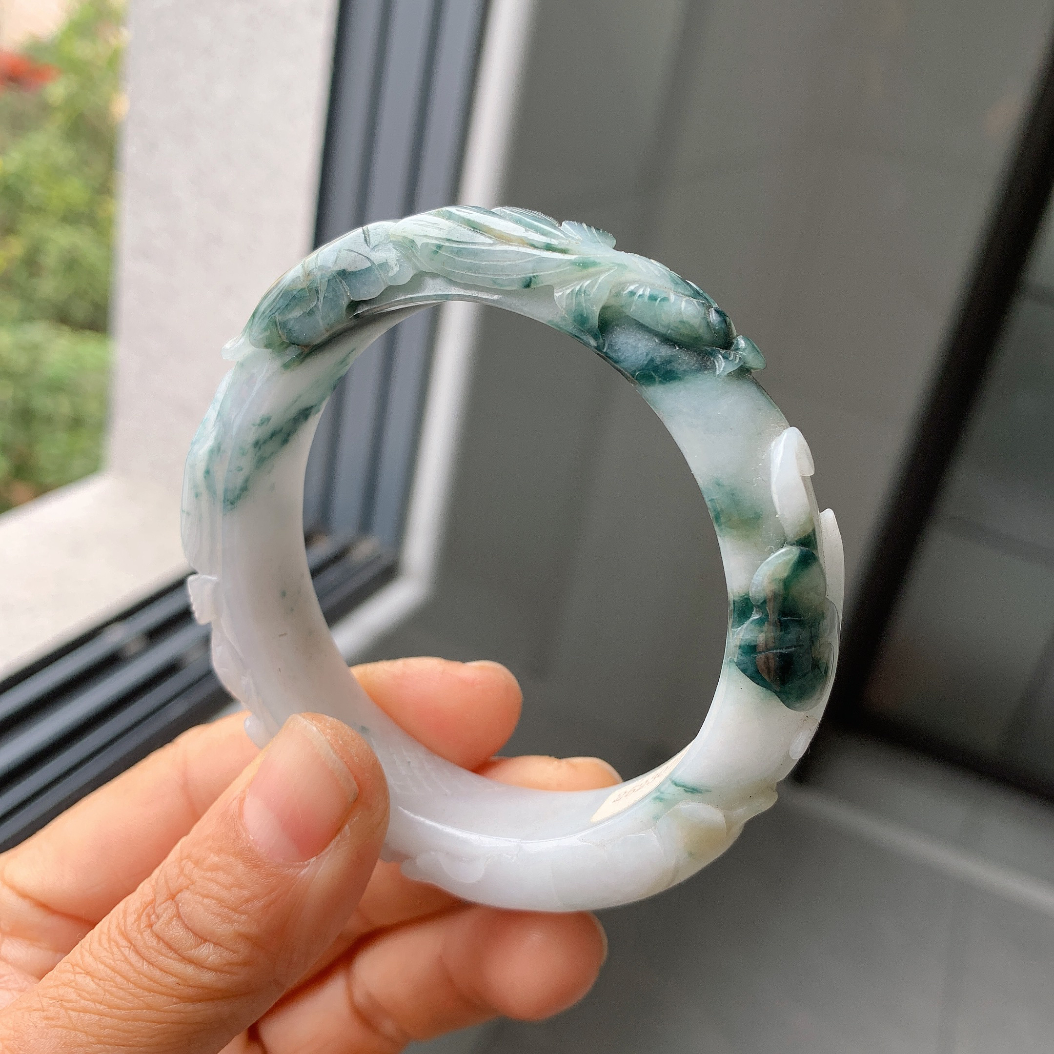 翡翠A货飘蓝花荷叶鱼手镯57.2-13.8-9.8