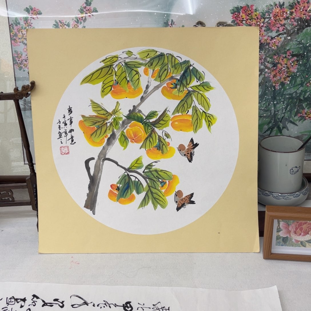 国画事事如意斗方50×50画芯一幅