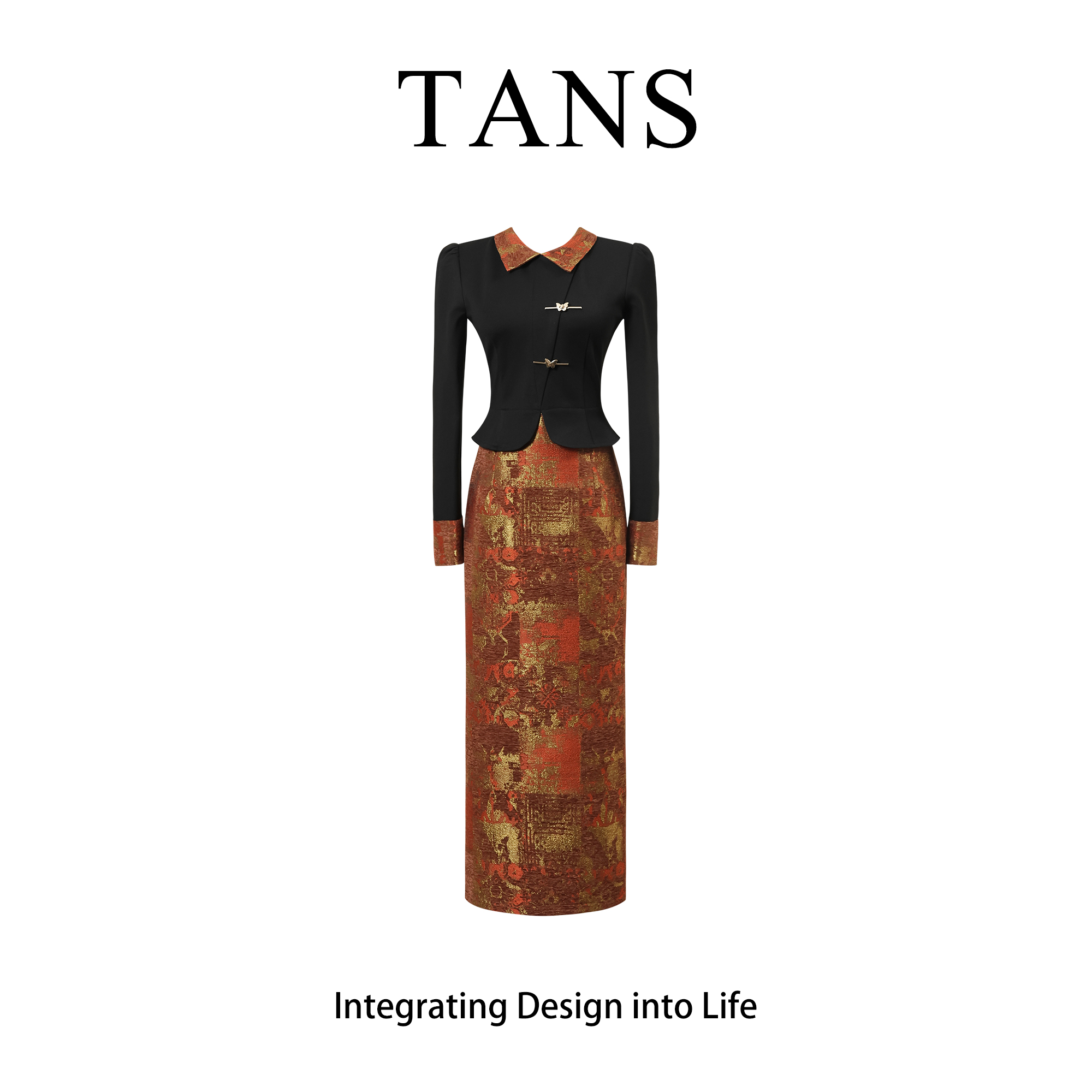 TANS【秋季新品】新中式国风改良版假两件气质修身显廋连衣裙女秋