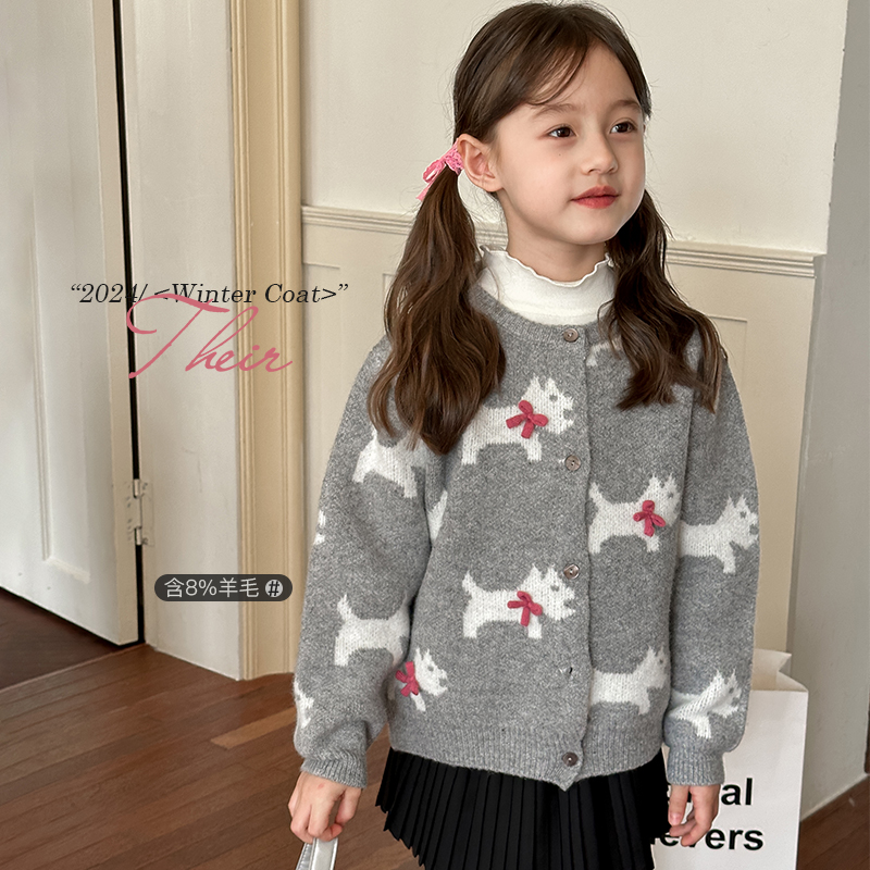 2024秋冬季新款儿童蝴蝶结小狗圆领针织衫女童甜美毛衣开衫外套