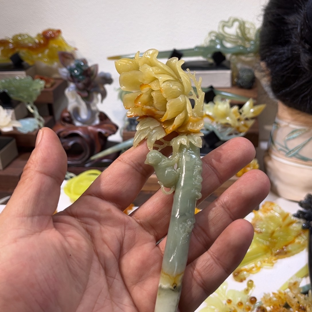 蛇纹石玉发簪合金你**字