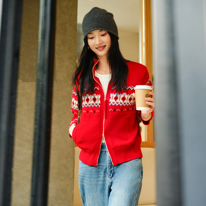 EP雅莹秋装新款女装 羊毛牦牛绒混纺民族风拉链羊绒衫9120A