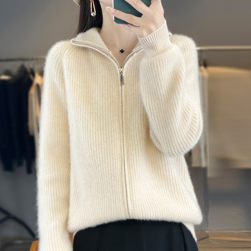 重磅加厚~拉链开衫100纯羊毛针织衫 元宝针半高领宽松外套女百搭