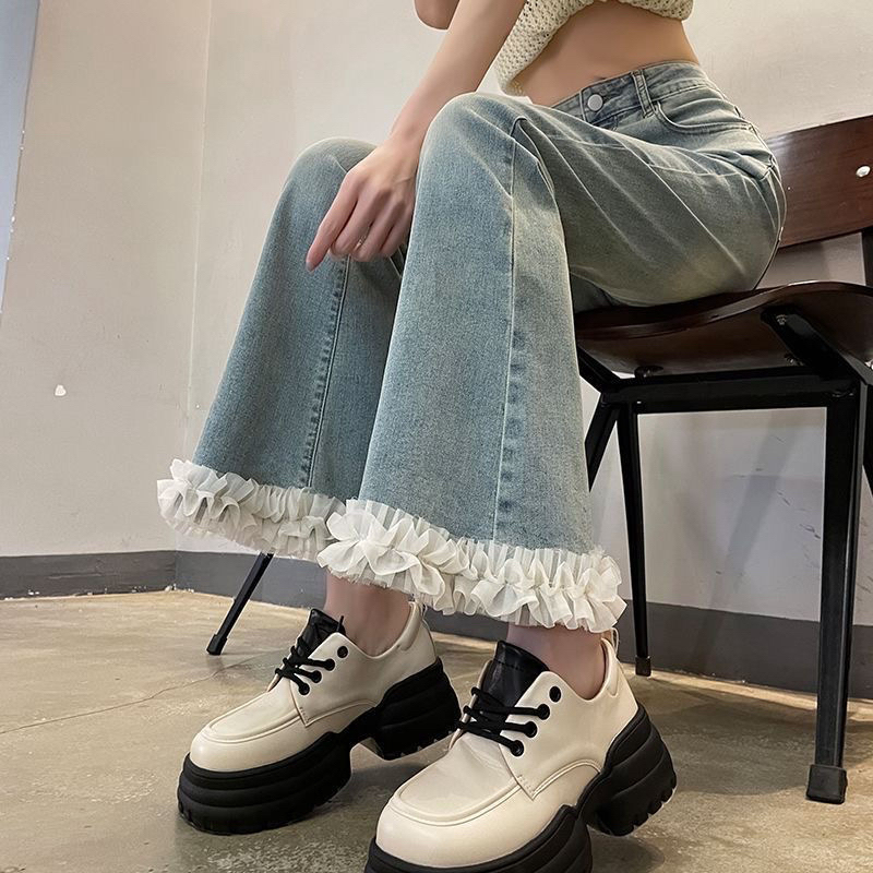 大码胖MM春秋蕾丝边微喇牛仔裤女春夏款高腰显瘦弹力小个子九分裤