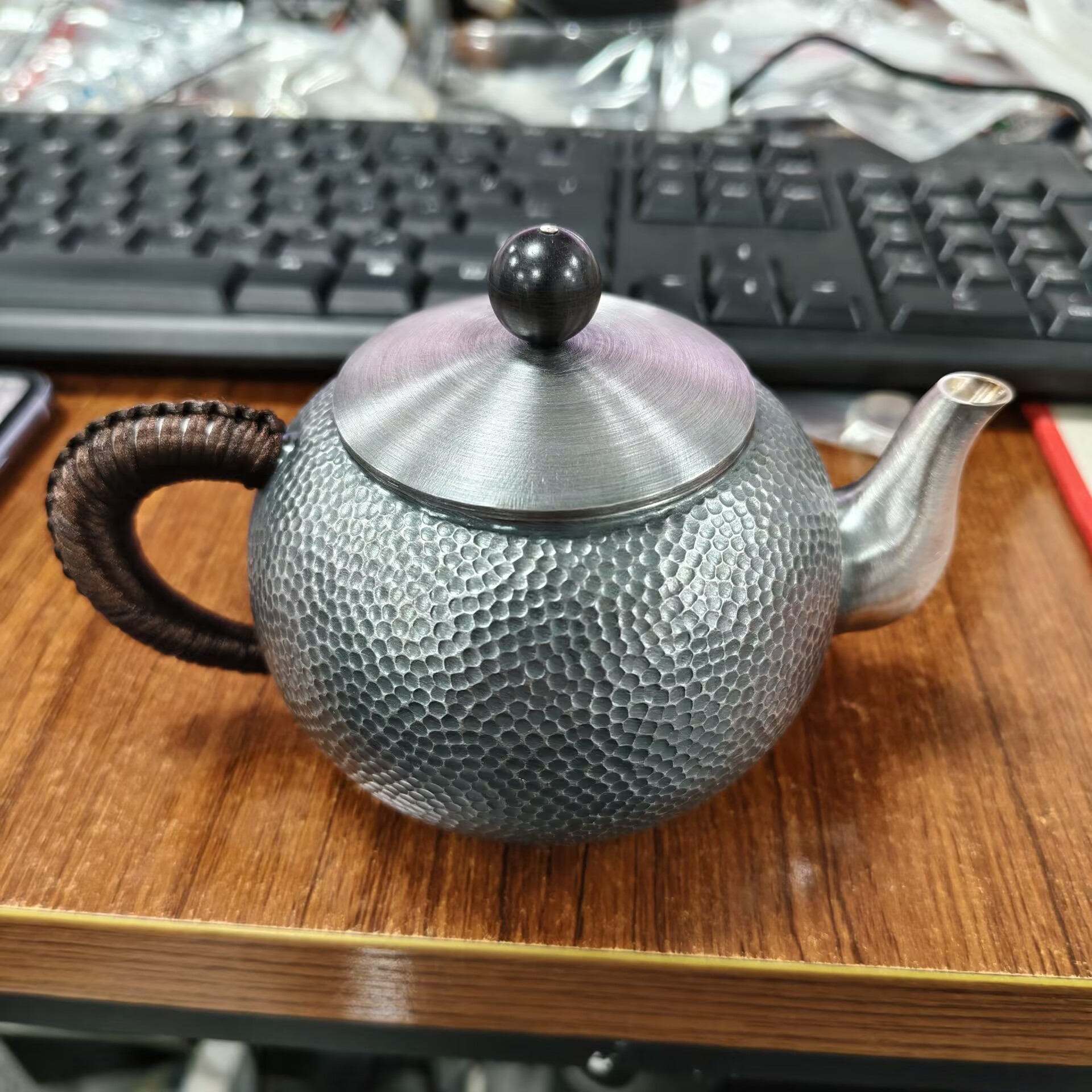 九乐 足银银制品 999做旧细锤纹泡茶壶