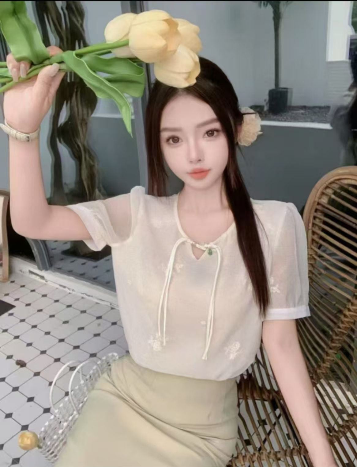 8630短袖衬衫女设计感小众高级感夏季新款泡泡袖新中式轻国风上衣