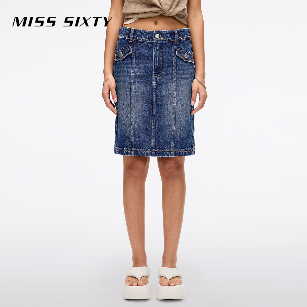【进口牛仔面料】Miss Sixty2025夏季新款牛仔半裙女复古开衩直筒