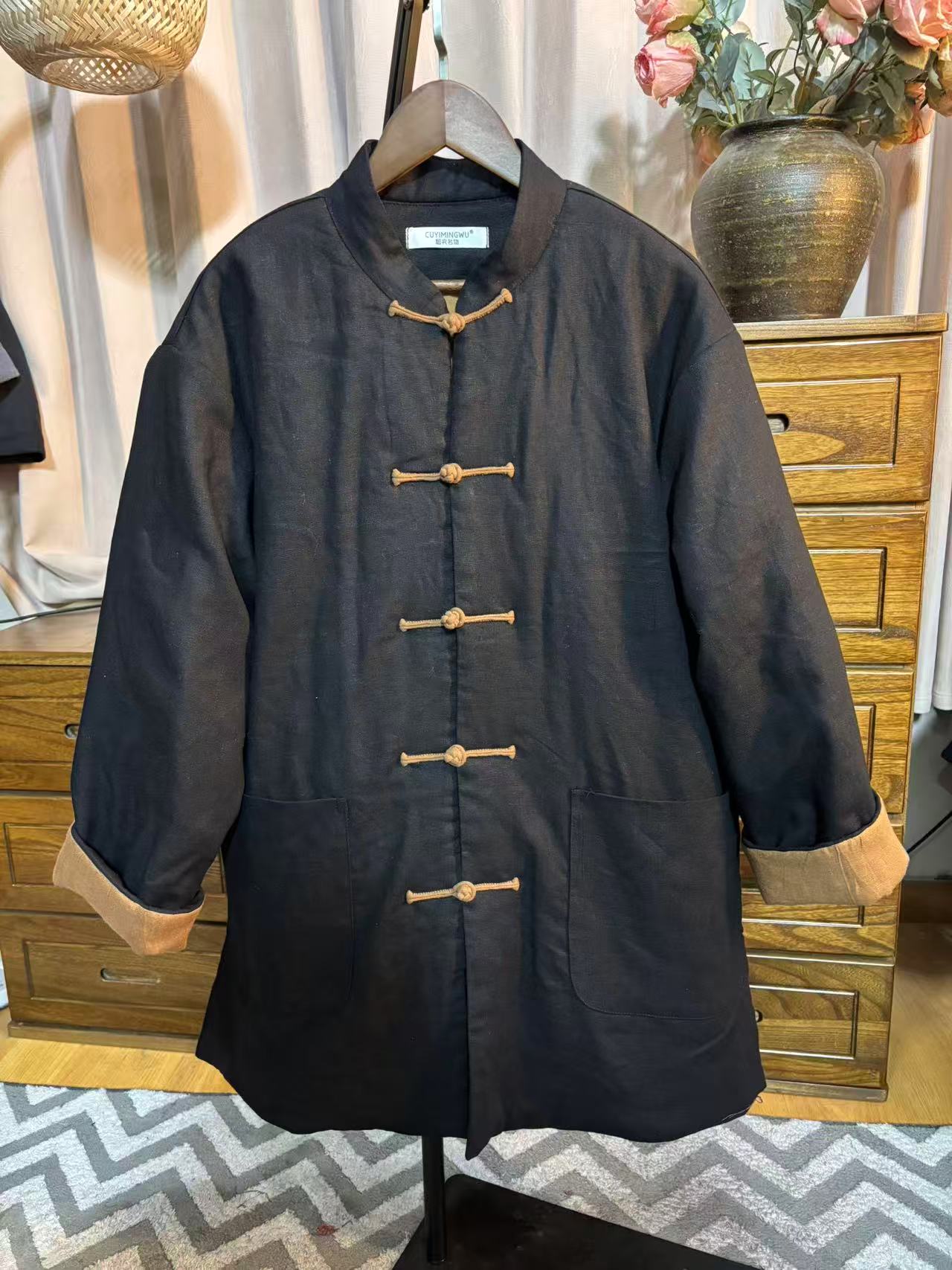 CUYIMINGWU/粗衣名物  中式复古中长款中国风对襟有领盘扣加棉袍