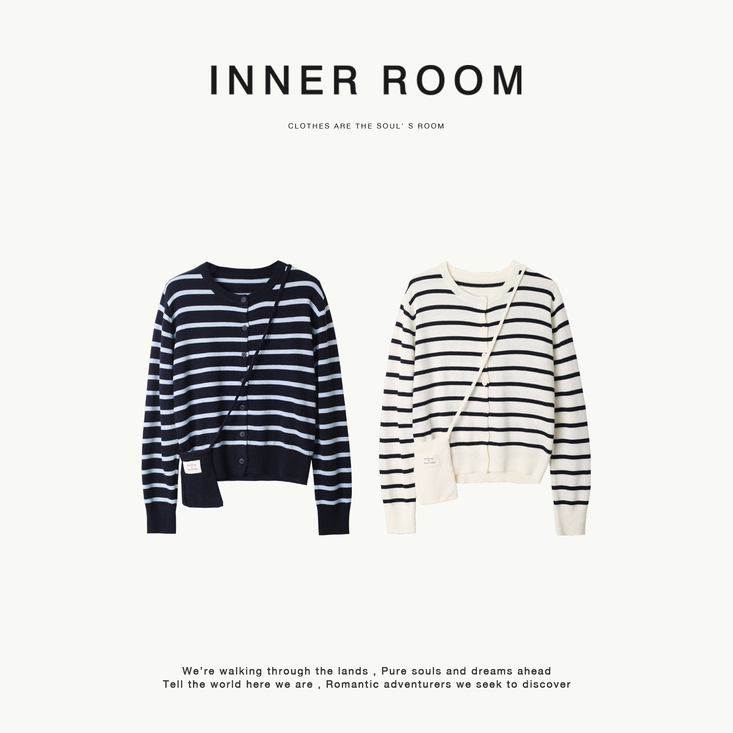 INNER ROOM桑蚕丝羊毛圆领条纹针织开衫女秋冬休闲百搭长袖毛衣
