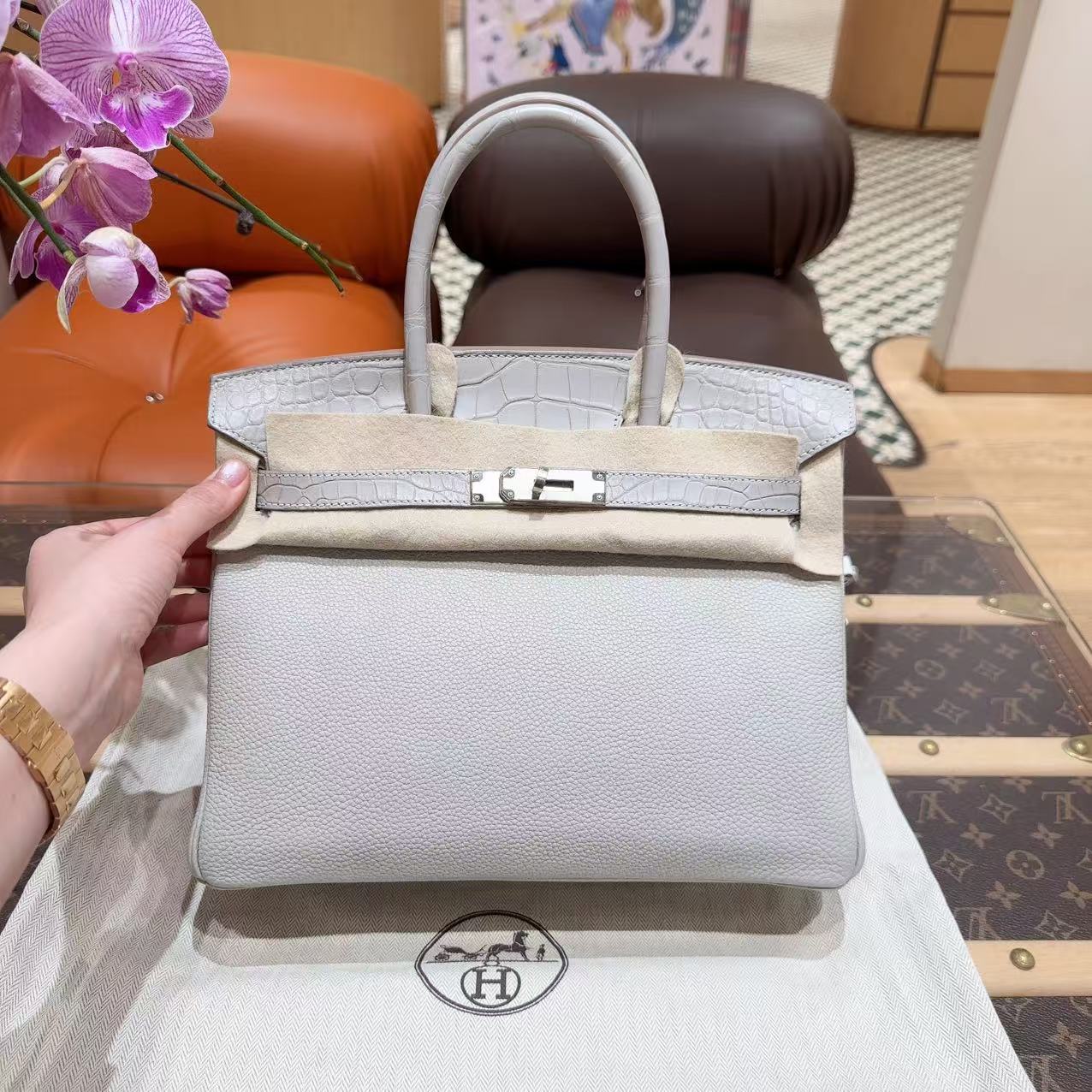 未使用 Hermes/爱马仕 birkin30 珍珠灰 银扣 Togo拼鳄鱼 B刻