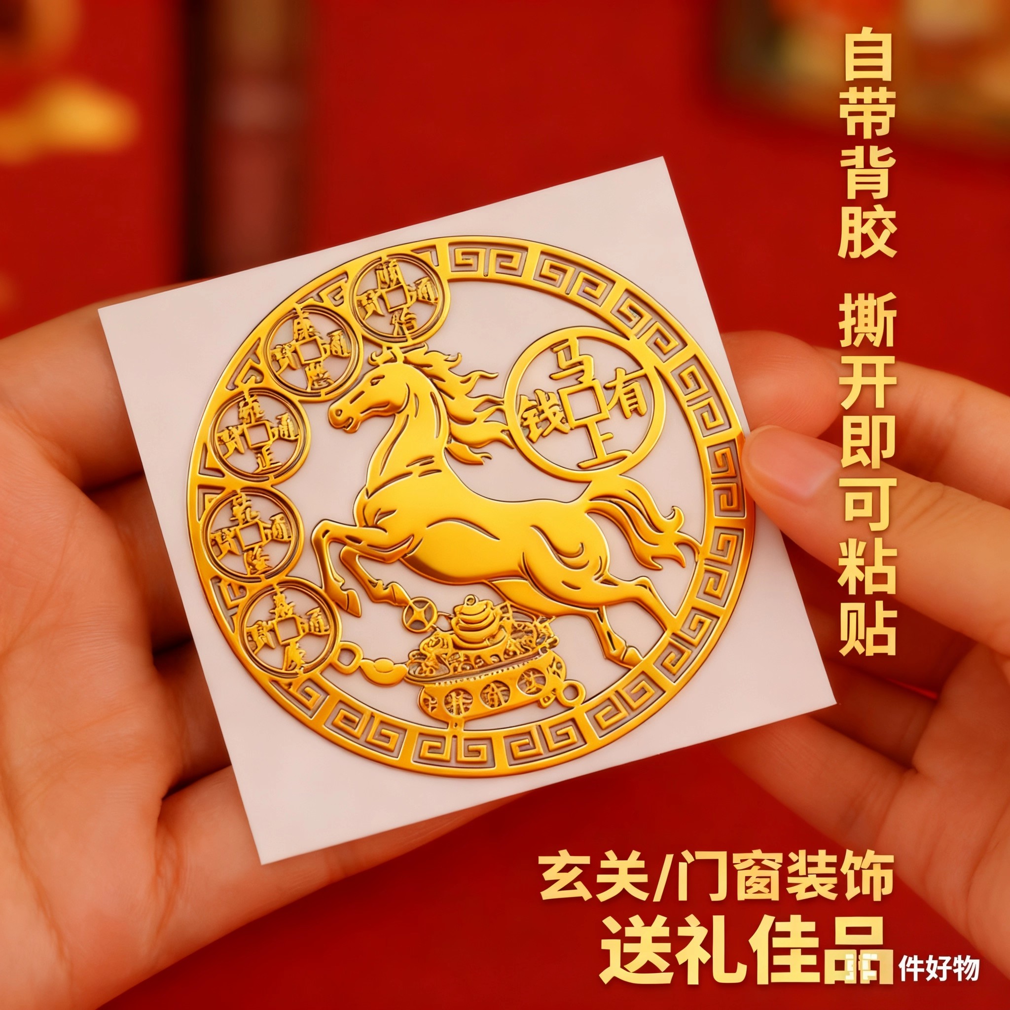 2026年马年马上有钱金属贴纸马到成功五帝钱手机贴招财聚财贴画