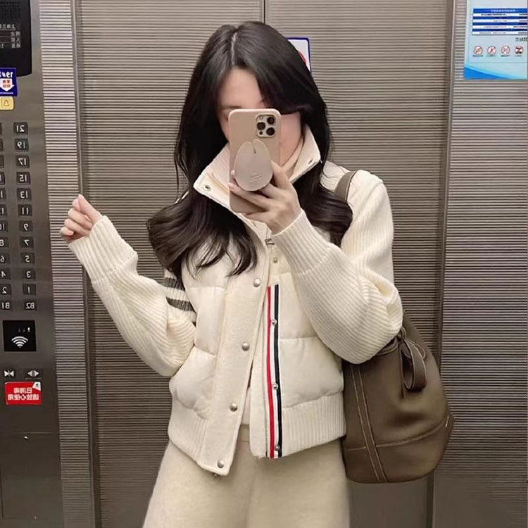 039冬韩系小个子短款棉服假二件针织拼接设计感韩版小众棉袄外套