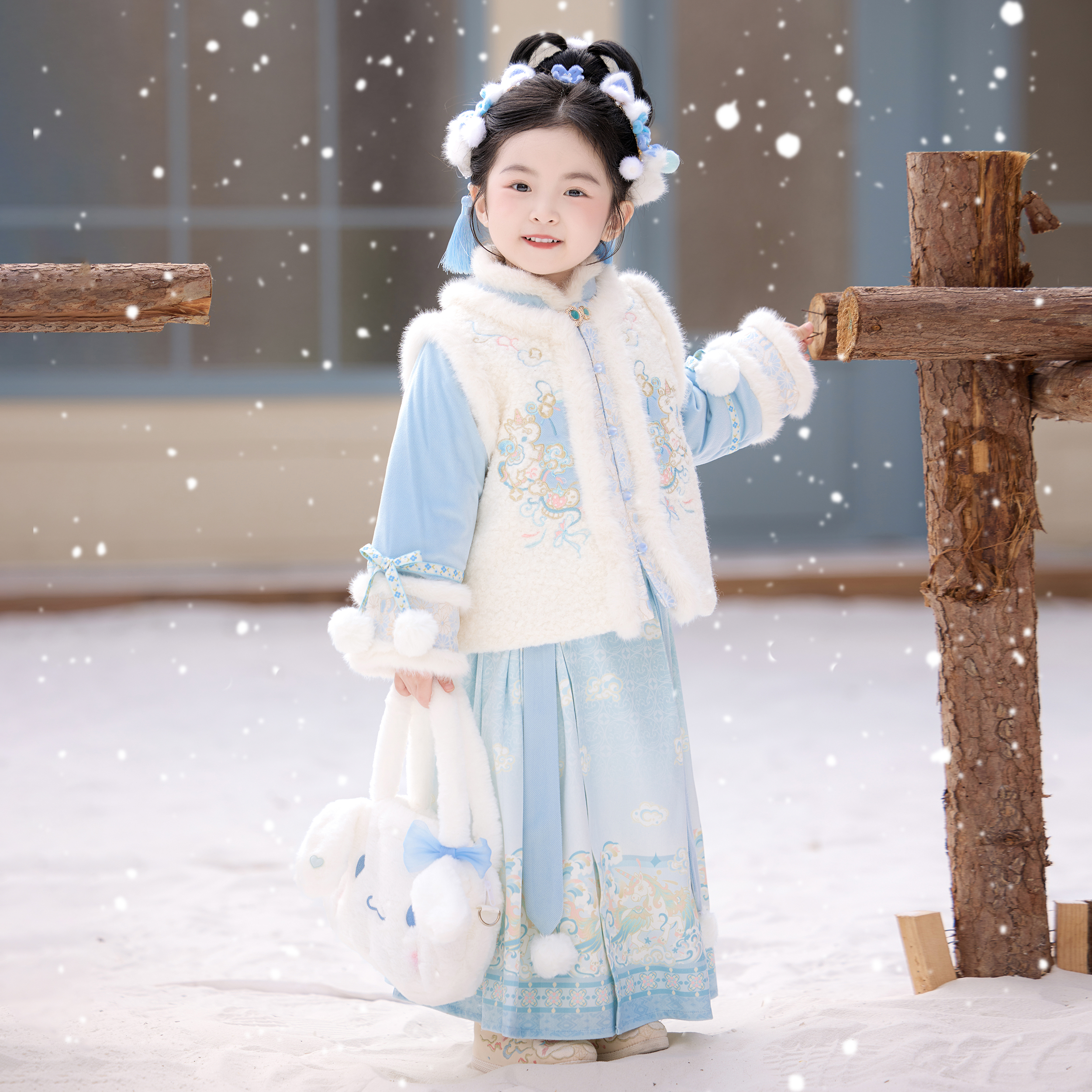 古月家.蓝彩 汉服女童冬款儿童加厚国风仙气拜年服套装女孩过年服