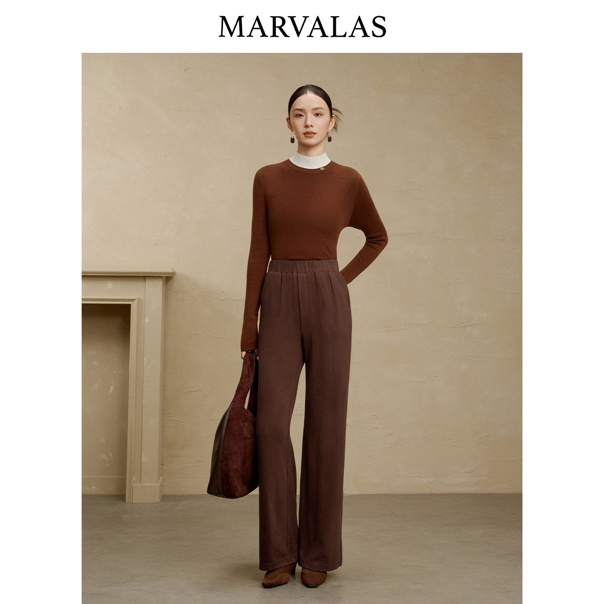 【粉丝专属】曼德诗松紧腰直筒裤2025百搭显瘦女裤美拉德咖休闲裤