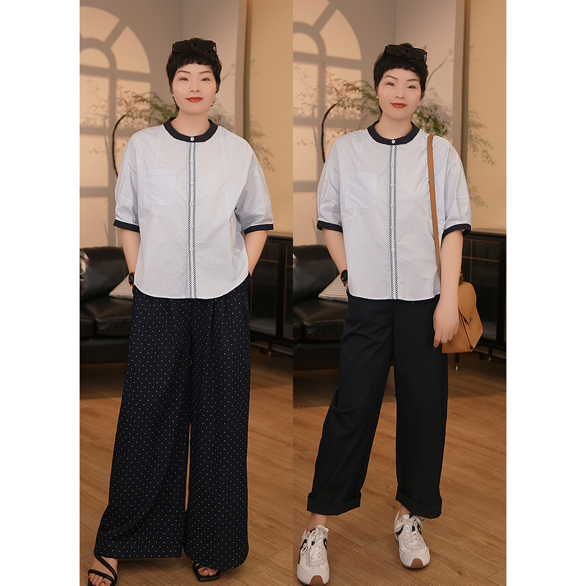 【珍姐】铃兰回声 100新疆棉宽松廓形休闲撞色圆领短袖衬衫DC5749