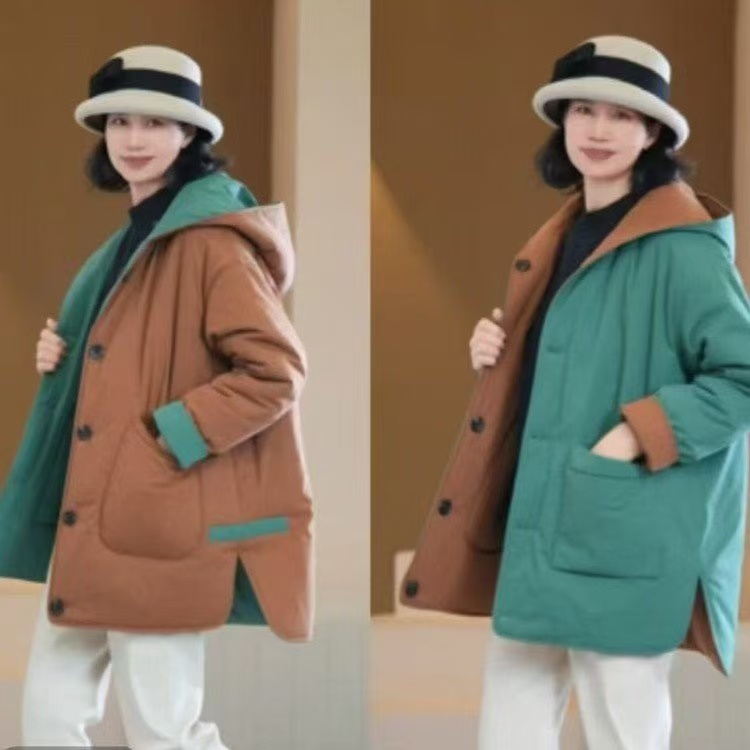 口袋常规工装风连帽中老年女装加厚宽松加绒秋冬保暖