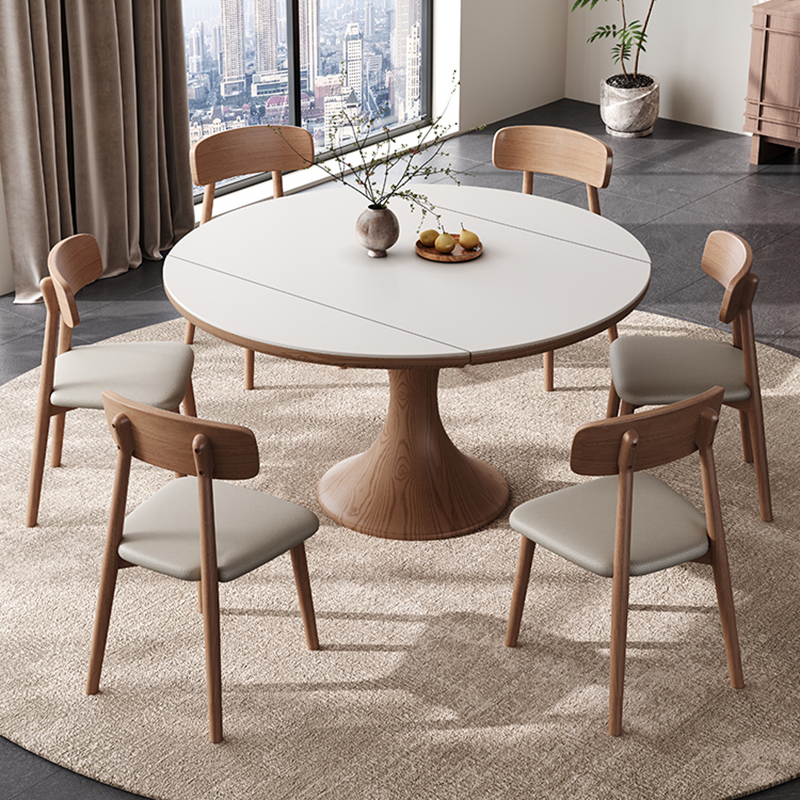 中古风实木餐桌 可伸缩家用小户型现代简约岩板方圆两用可变圆桌