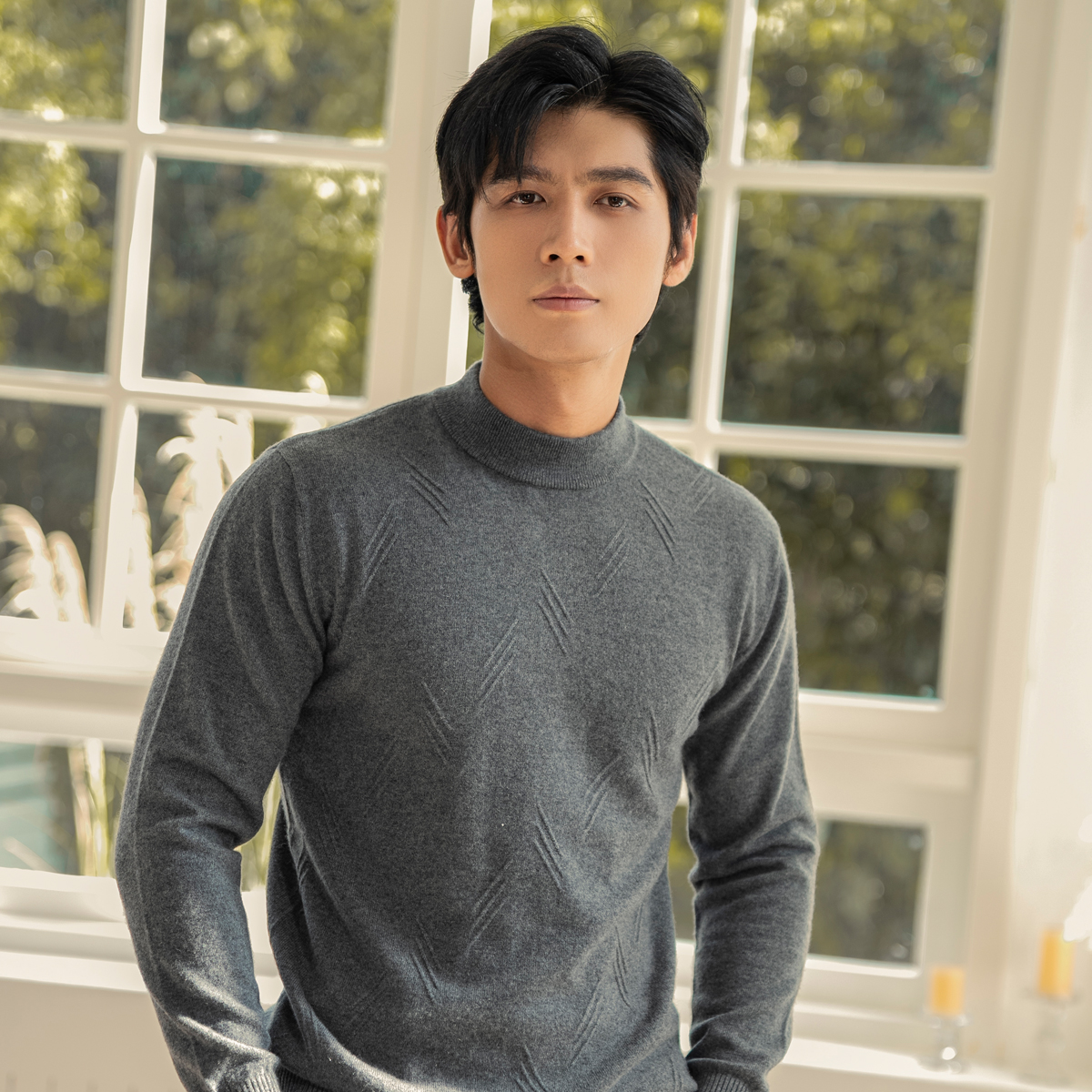 三十秋H005提花款宽松型加厚款衫冬季男士男装秋冬半高领羊绒衫