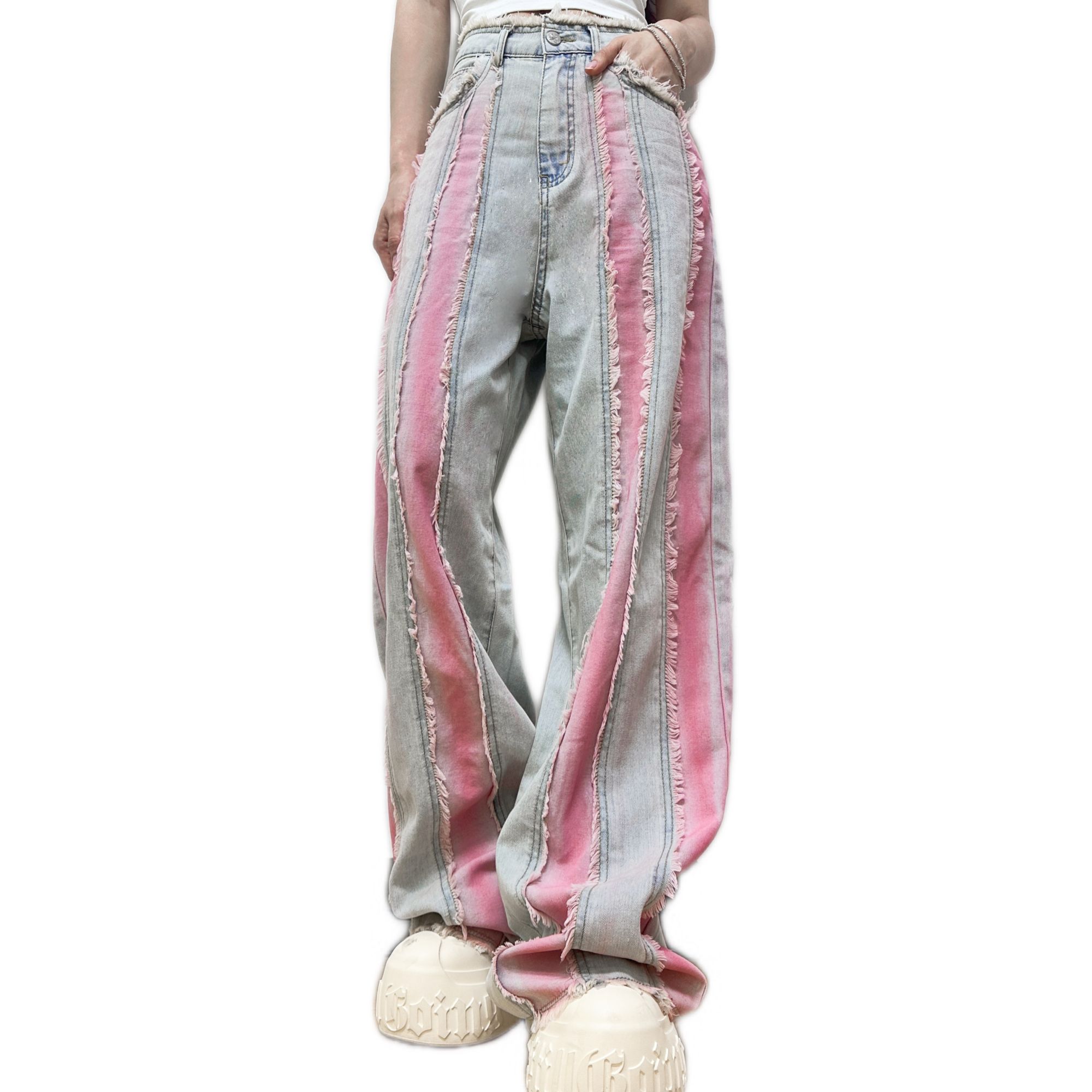 设计师款原创粉色拼接牛仔裤夏季新款美式高街毛边显瘦阔腿直筒裤