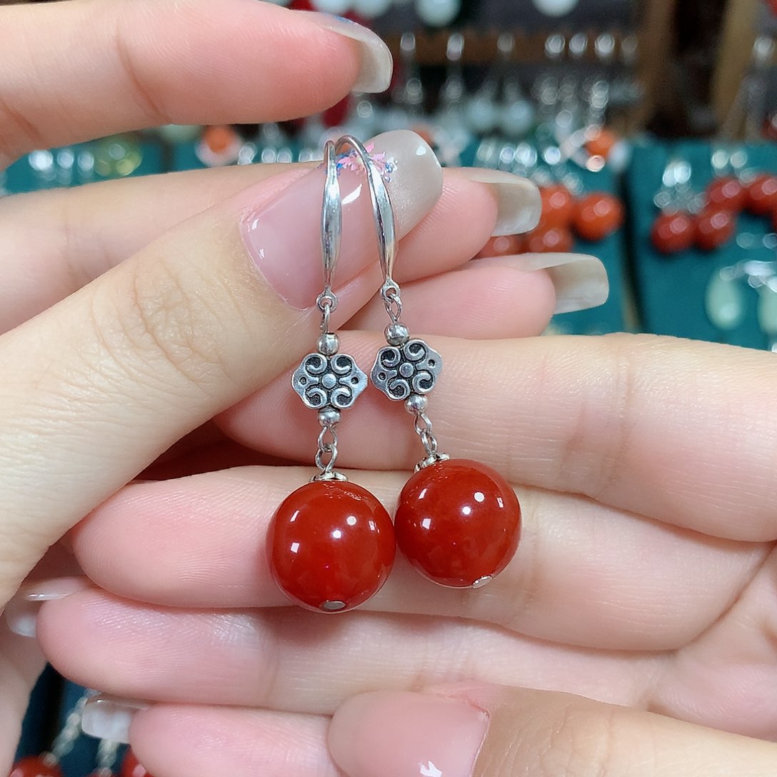 玛瑙/玉髓耳饰银S925镶嵌天然红玛瑙12mm左右（锦红）