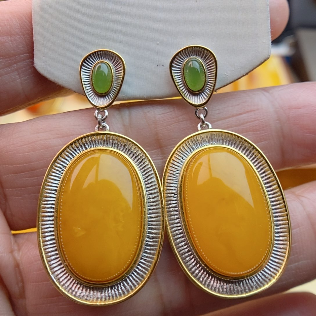 琥珀耳饰银S925镀金镶嵌