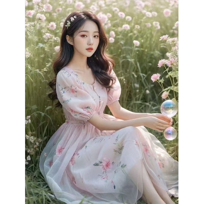 （1001-1050直播间看款拍）纯欲法式夏季显瘦连衣裙碎花女