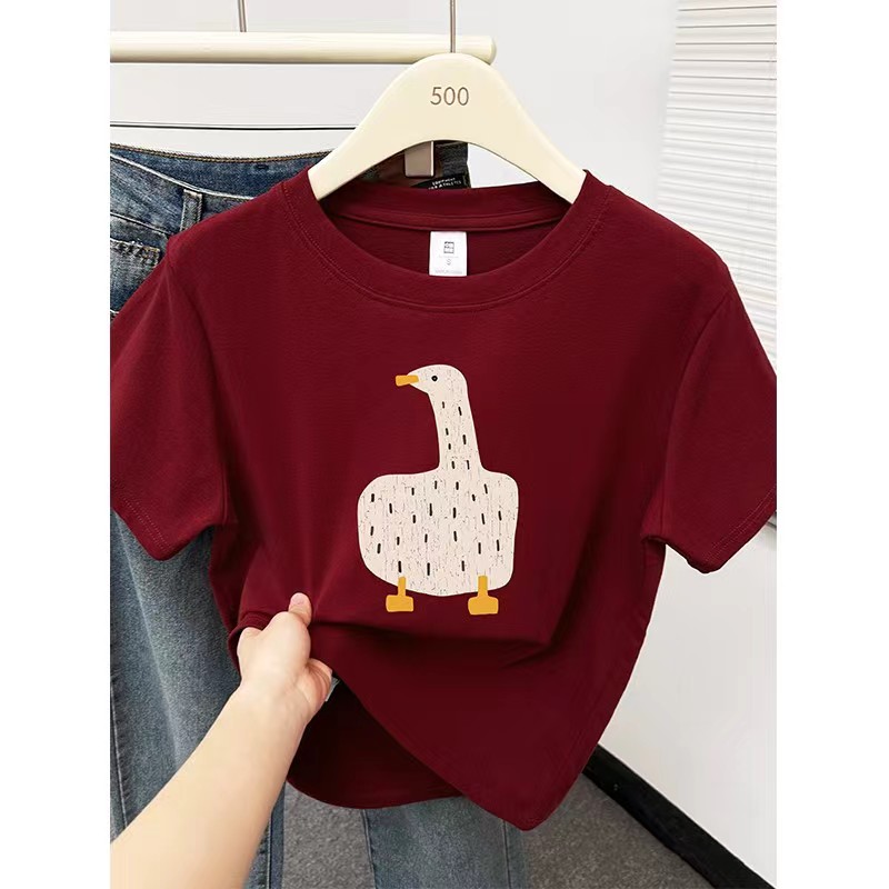 藏蓝色洋气印花百搭正肩短袖t恤女夏季新款韩版大码休闲圆领上衣