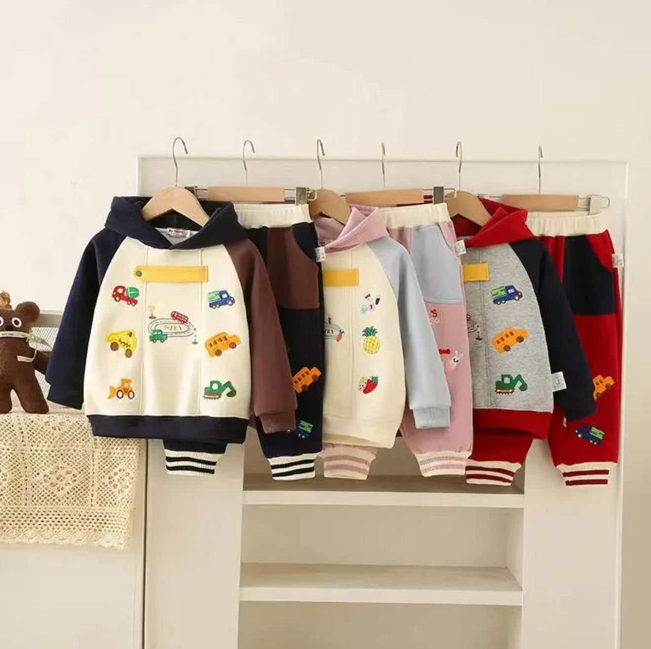 【25年冬款加绒卫衣卫裤】卡通男女童汽车挖掘机加绒连帽卫衣卫裤 