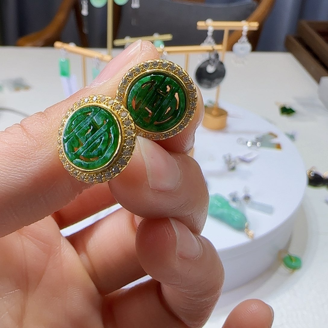 翡翠耳饰银S925镶嵌天然缅甸