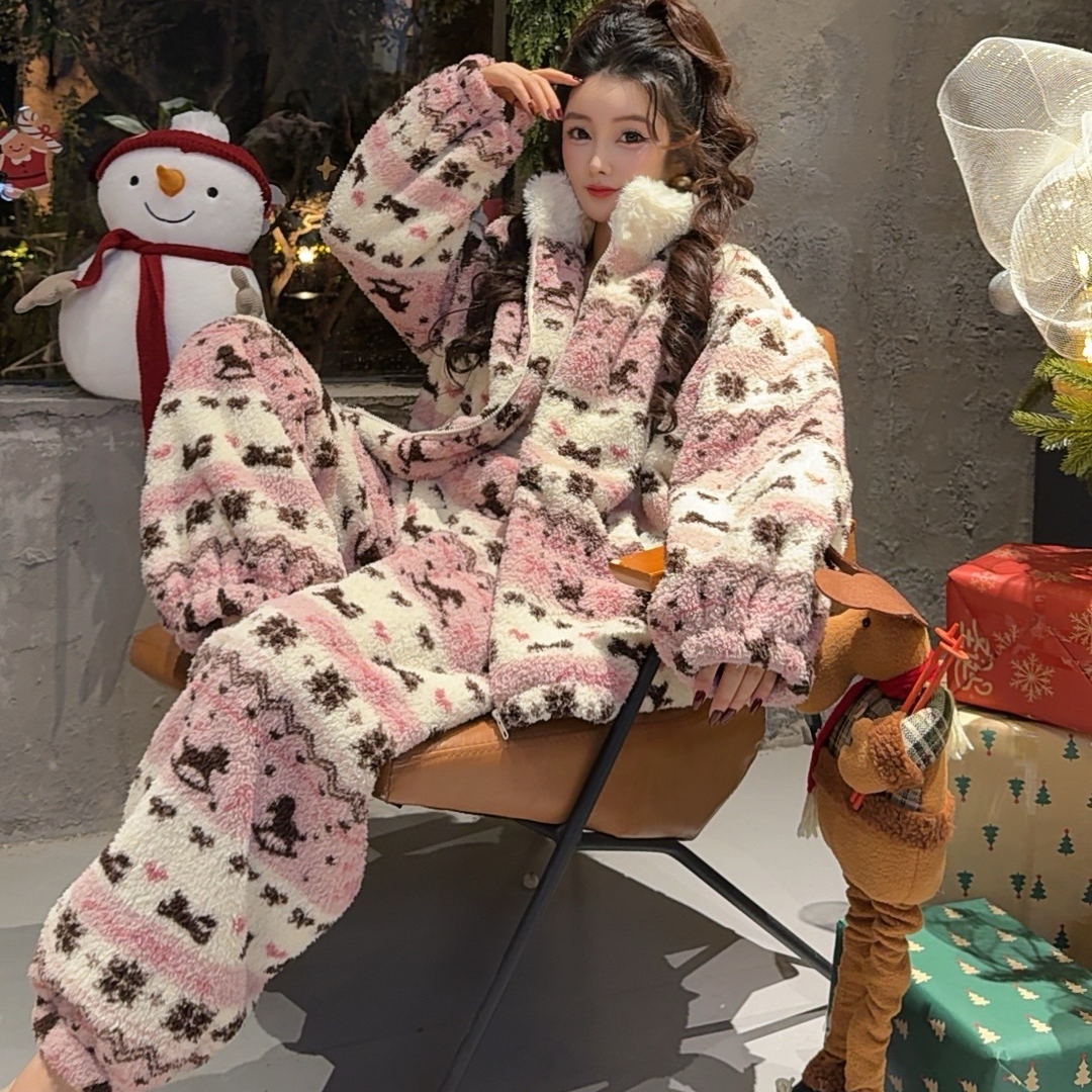 睡衣女秋冬款冬季珊瑚绒家居服法兰绒加厚款冬天大码加绒保暖套装
