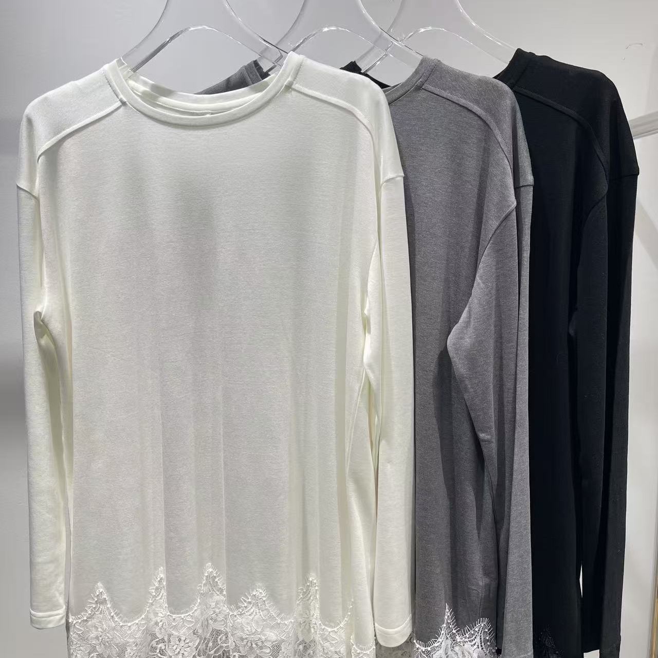 醋酸天丝春秋薄款蕾丝花边T恤纯色显瘦