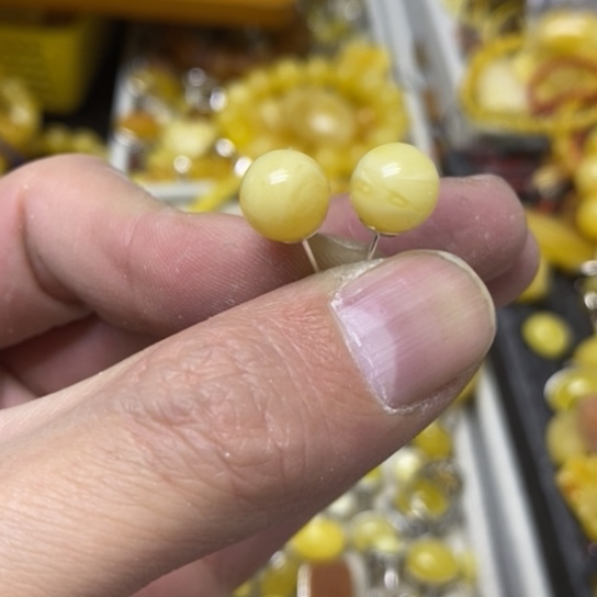 蜜蜡裸石银S925镶嵌耳钉