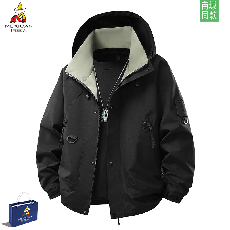 Mexican/稻草人春秋冲锋衣男户外运动连帽夹克登山服三合一外套男