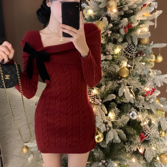 OL高级感蝴蝶结针织毛衣连衣裙女秋冬小个子韩国圣诞新年红色战袍