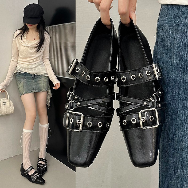 法式朋克辣妹高跟鞋铆钉真皮复古芭蕾玛丽珍粗跟小方头单鞋女