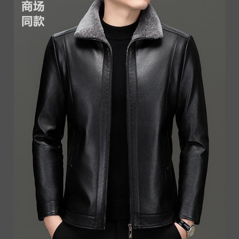 【柔软】绵羊皮冬季翻领男皮衣中老年加绒皮夹克秋冬季男士爸爸大码