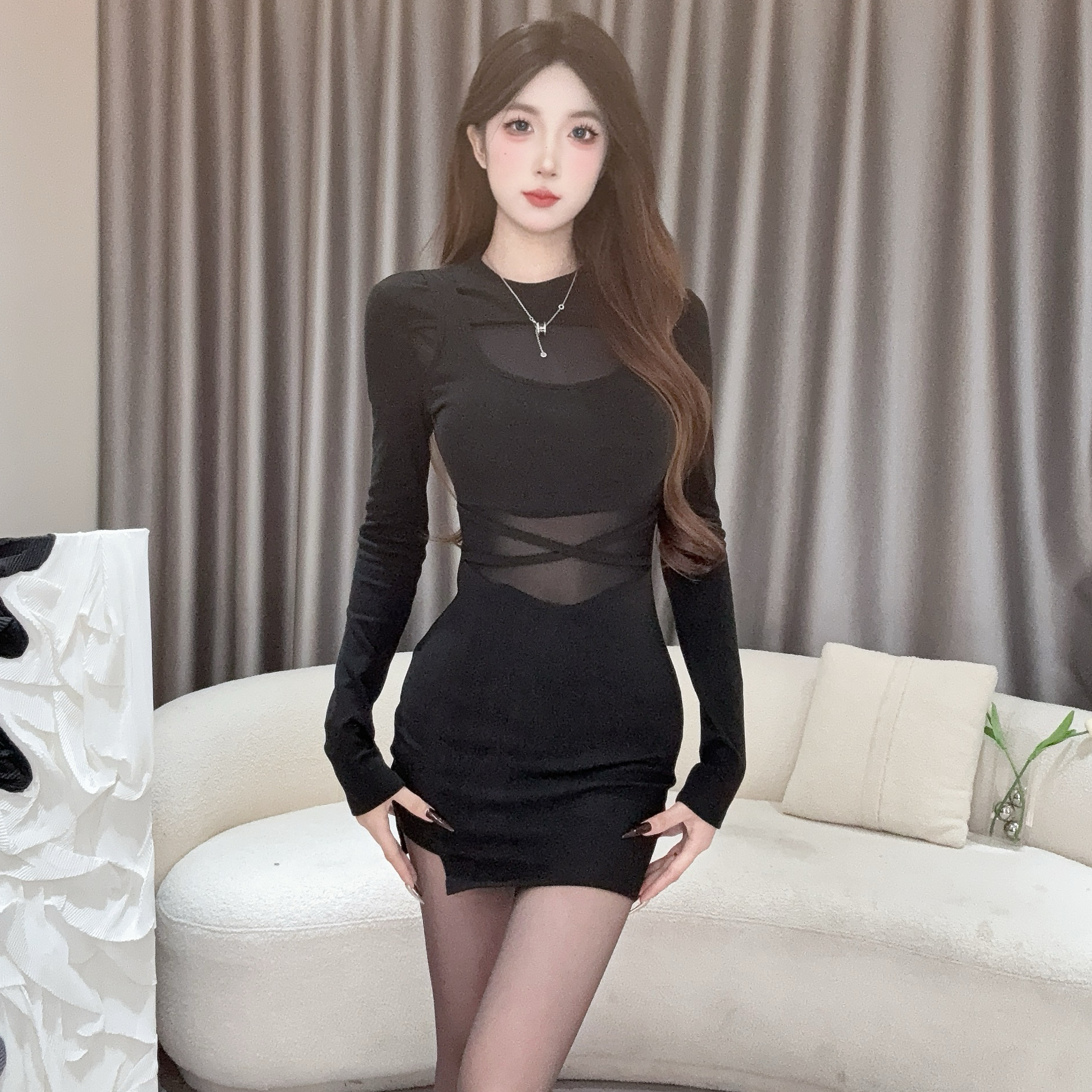 【零零推荐】纯欲风性感包臀裙女露肩气质拼接网纱长袖连衣裙