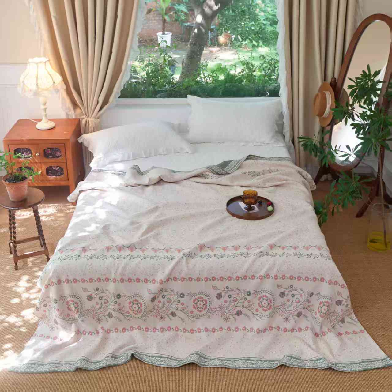 山花烂漫-2*2.3双面汉麻亲肤透气舒适织花工艺提花床盖